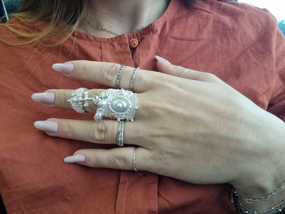 Indian tribal silver full finger ring double statement bells ethnic boho hippie adjustable