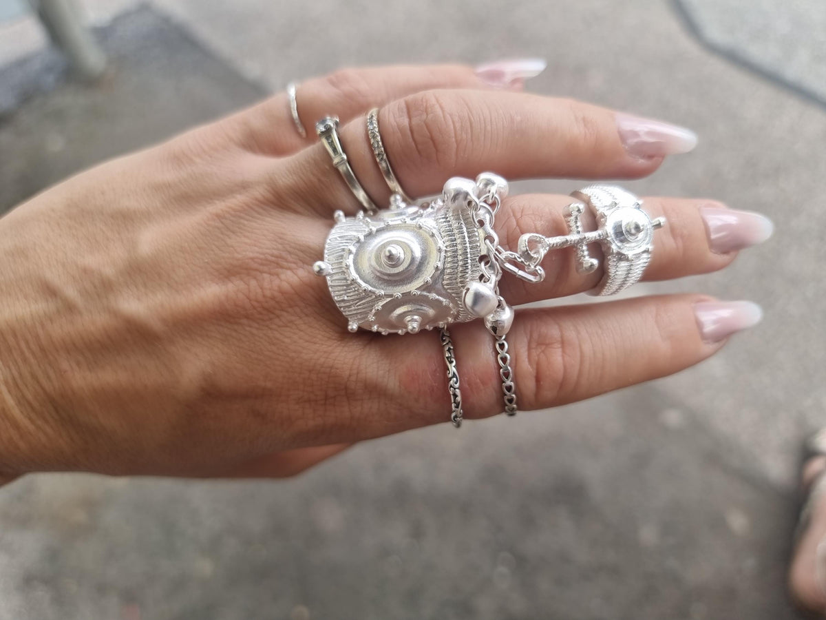 Indian tribal silver full finger ring double statement bells ethnic boho hippie adjustable