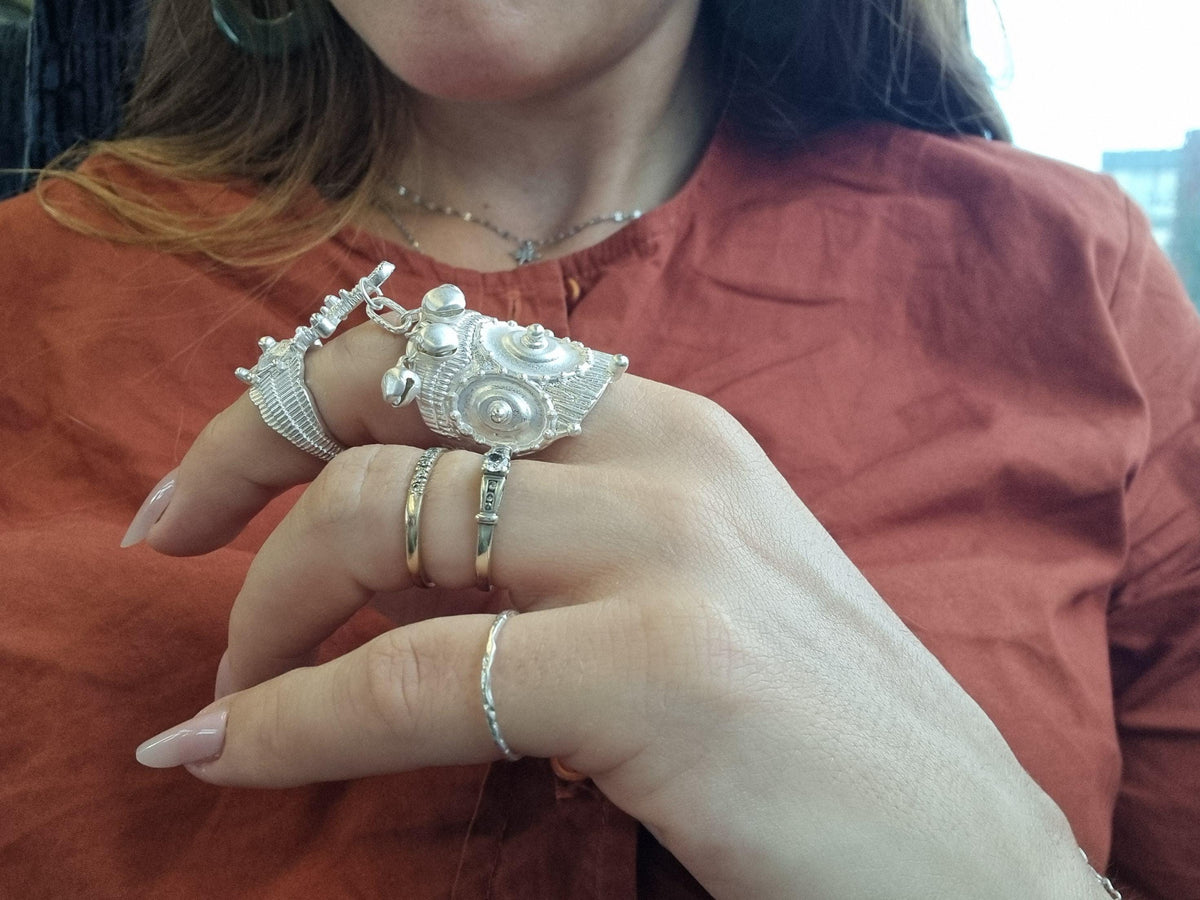 Indian tribal silver full finger ring double statement bells ethnic boho hippie adjustable