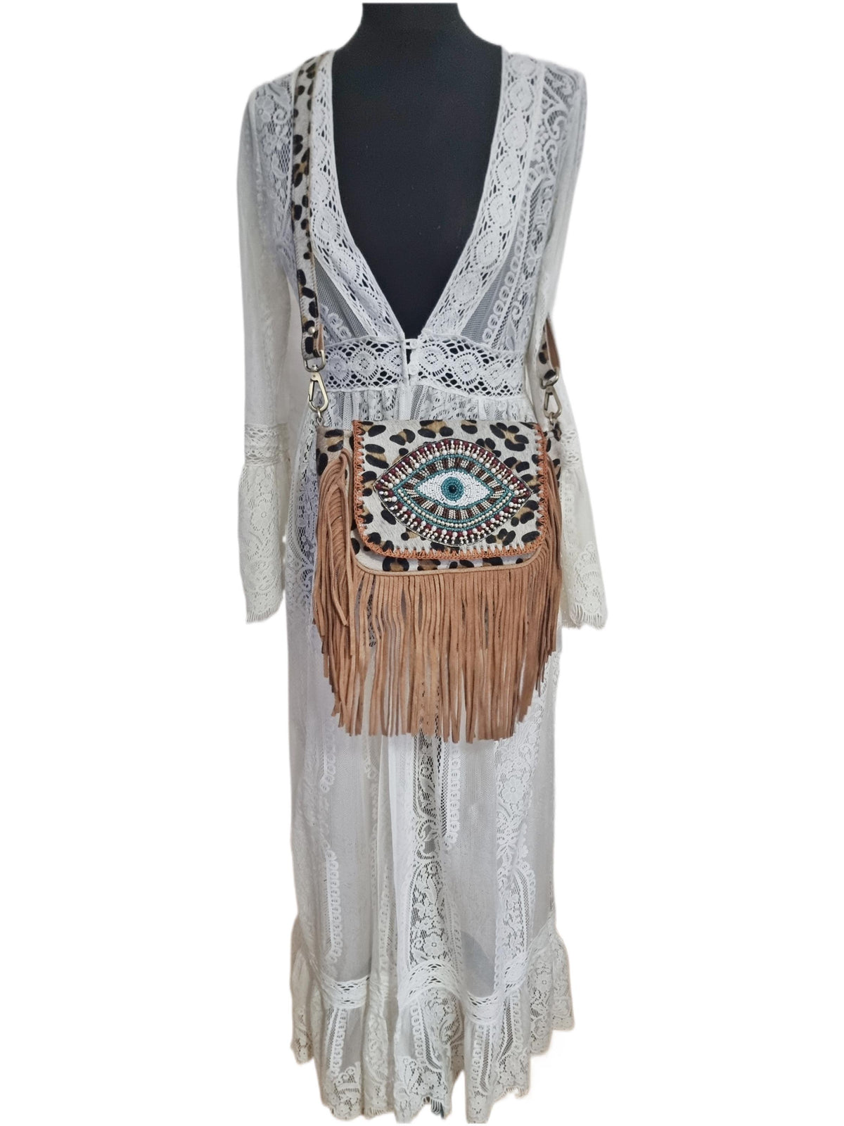 Leopard Print Fringe Crossbody Bag: Evil Eye Beaded Boho Purse