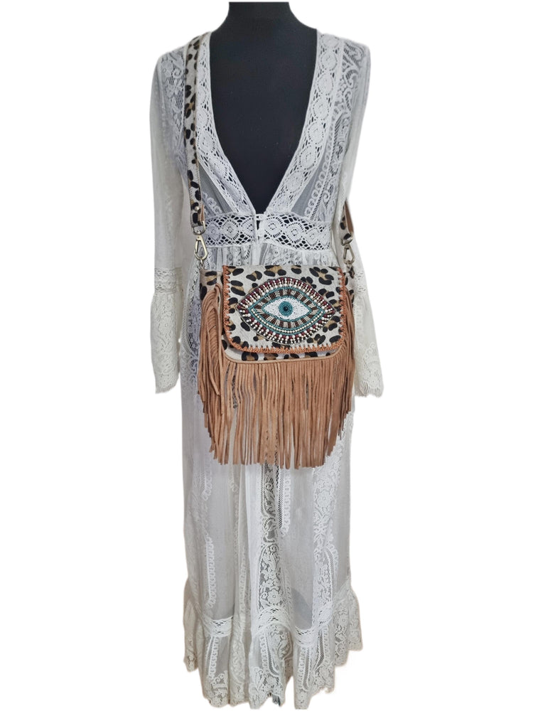 Leopard Print Fringe Crossbody Bag: Evil Eye Beaded Boho Purse