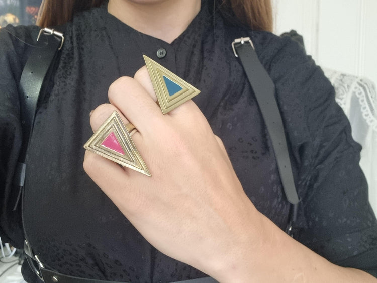 Gold Triangle Ring: Blue Enamel Art Deco 80s Statement Jewelry