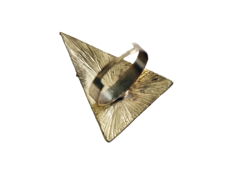 Gold Triangle Ring: Blue Enamel Art Deco 80s Statement Jewelry