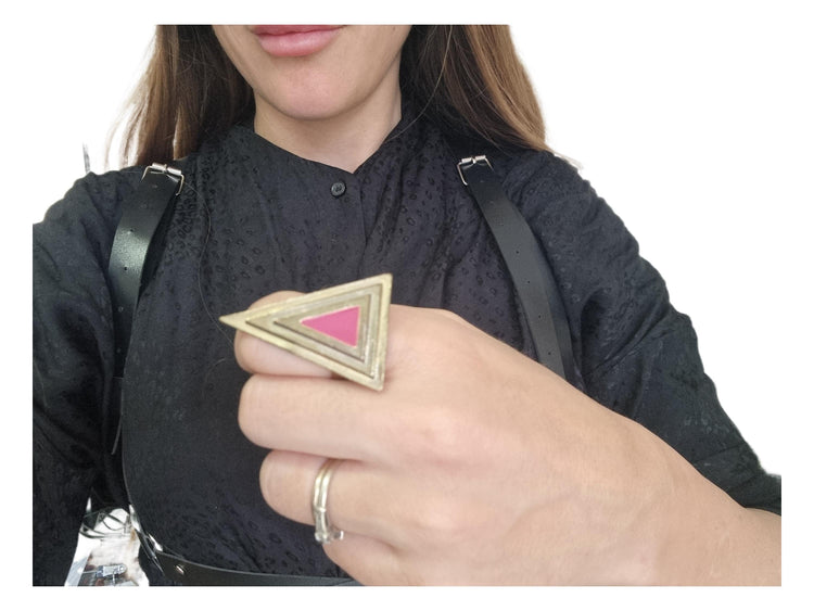 Gold Triangle Ring: Blue Enamel Art Deco 80s Statement Jewelry