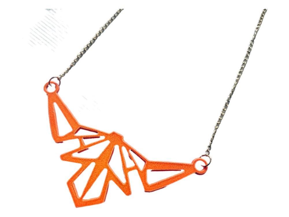 Neon Orange Enamel Triangle Necklace: Geometric Origami Pendant