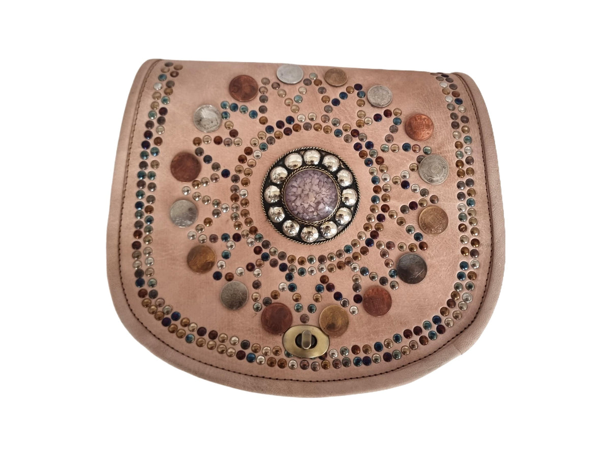 Boho Leather Crossbody Bag: Mandala, Crystals & Coins