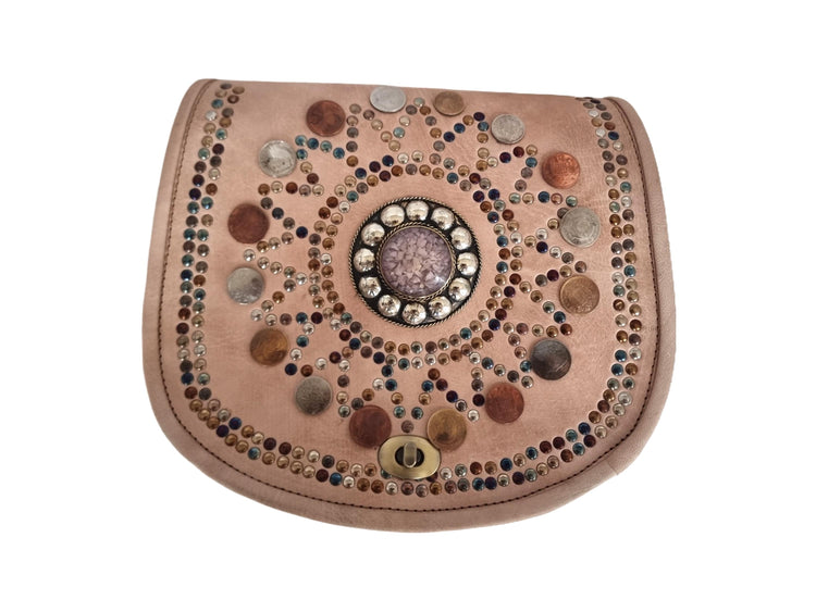 Boho Leather Crossbody Bag: Mandala, Crystals & Coins