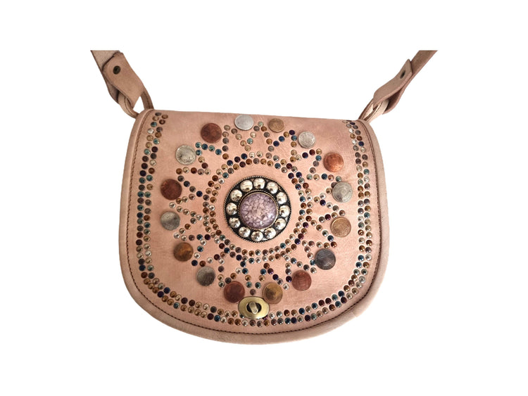 Boho Leather Crossbody Bag: Mandala, Crystals & Coins