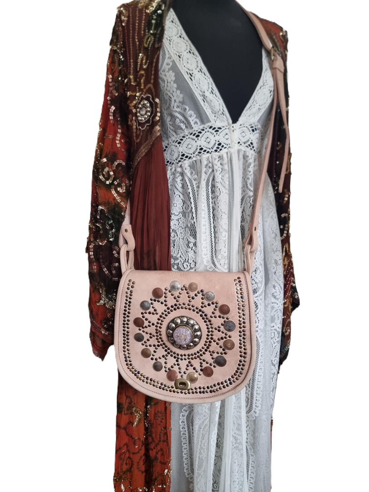 Boho Leather Crossbody Bag: Mandala, Crystals & Coins