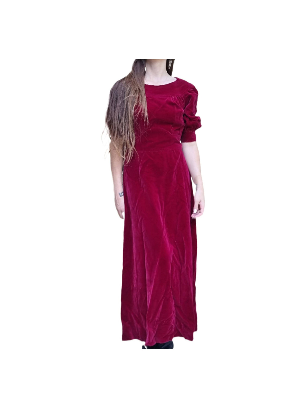 Burgundy Velvet Maxi Dress: Short Sleeve Christmas Evening Gown