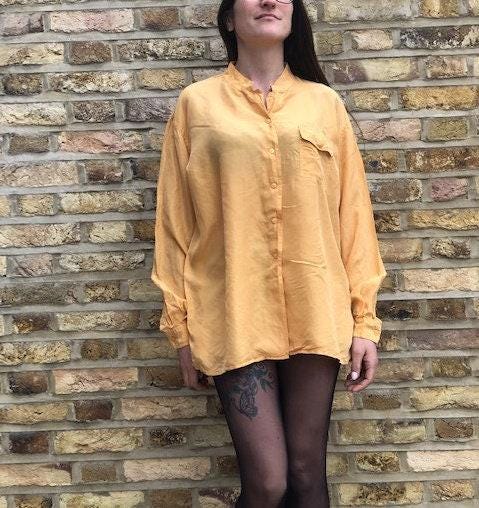 Vintage 1980s Silk Blouse, Pastel Yellow Oversized Shirt, Womens Western Top, 80s Boyfriend Shirt, Boho Festival Blouse, Retro Silk
