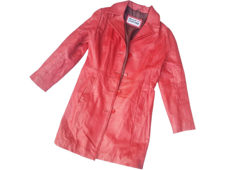 Vintage Red Leather Trench Coat: Fitted Midi Jacket, UK 16 / S-M