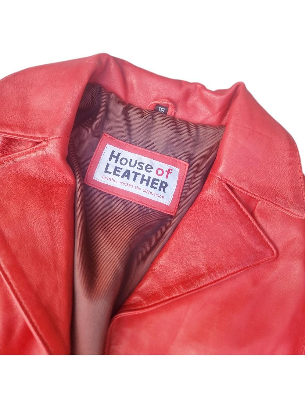 Vintage Red Leather Trench Coat: Fitted Midi Jacket, UK 16 / S-M