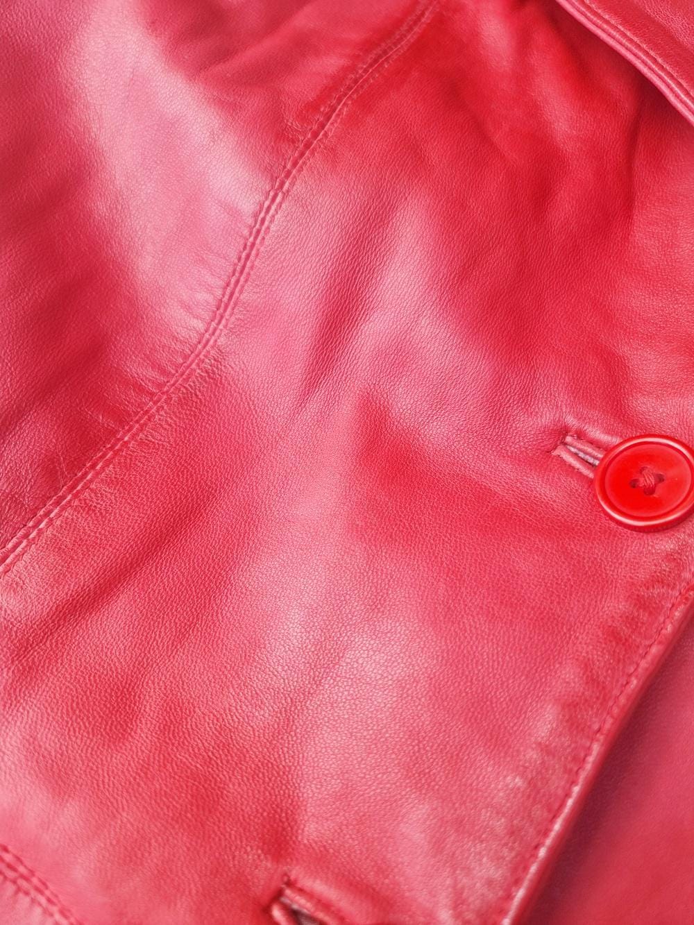 Vintage Red Leather Trench Coat: Fitted Midi Jacket, UK 16 / S-M