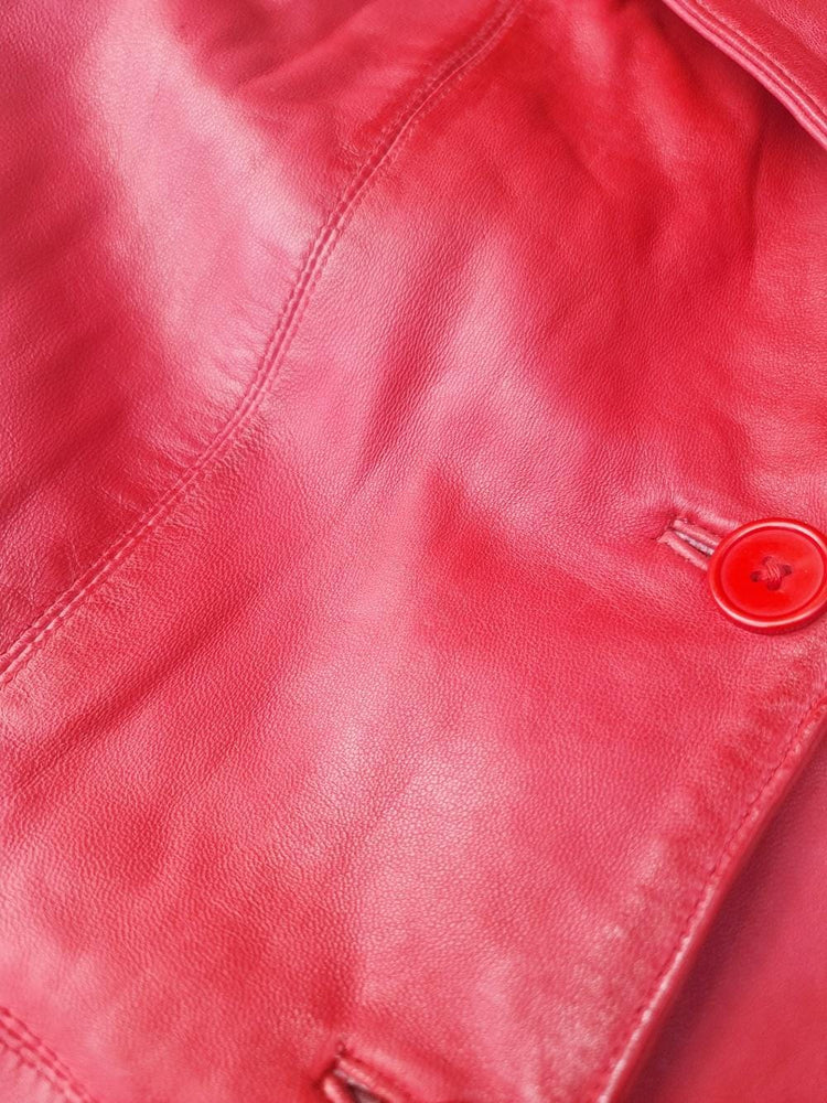 Vintage Red Leather Trench Coat: Fitted Midi Jacket, UK 16 / S-M