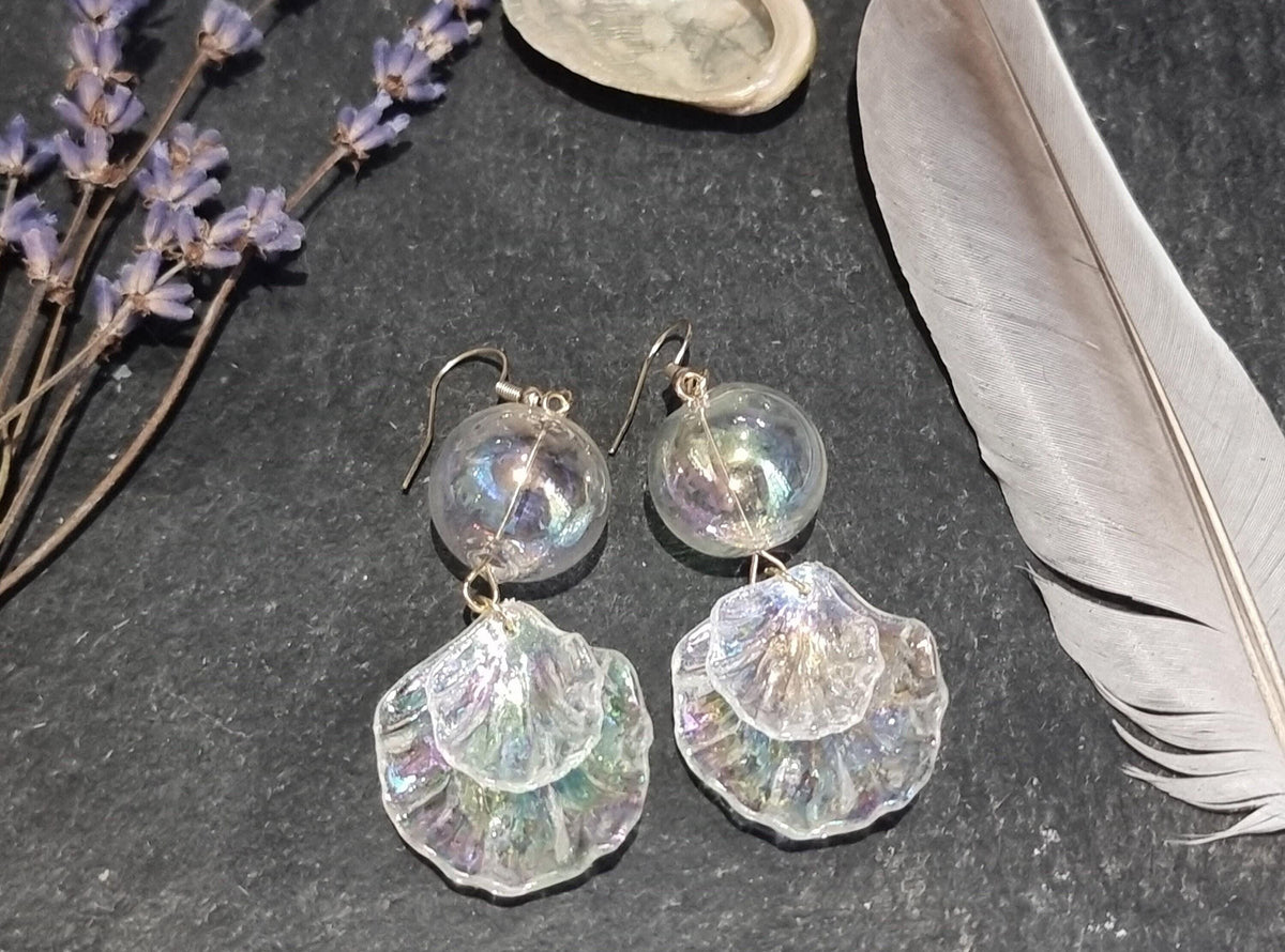 Mermaid Shell Earrings: Hand Blown Glass, Gold Plated - Nautical Jewelry