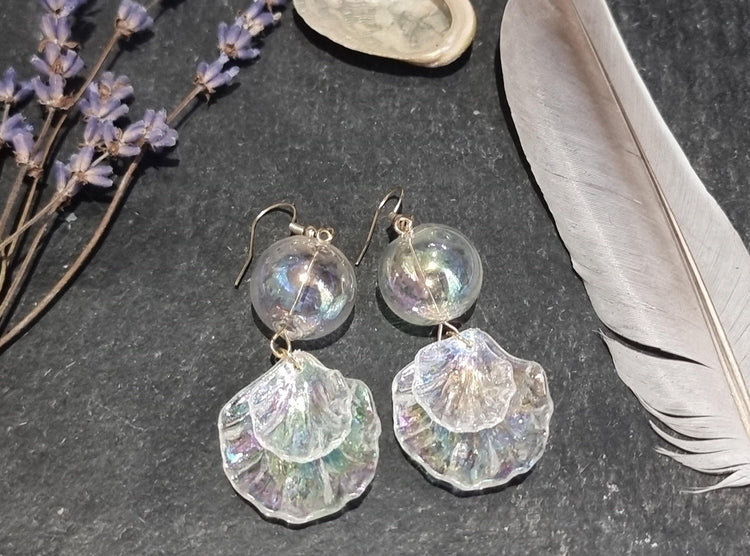 Mermaid Shell Earrings: Hand Blown Glass, Gold Plated - Nautical Jewelry