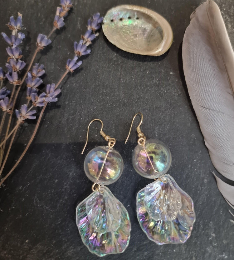 Mermaid Shell Earrings: Hand Blown Glass, Gold Plated - Nautical Jewelry