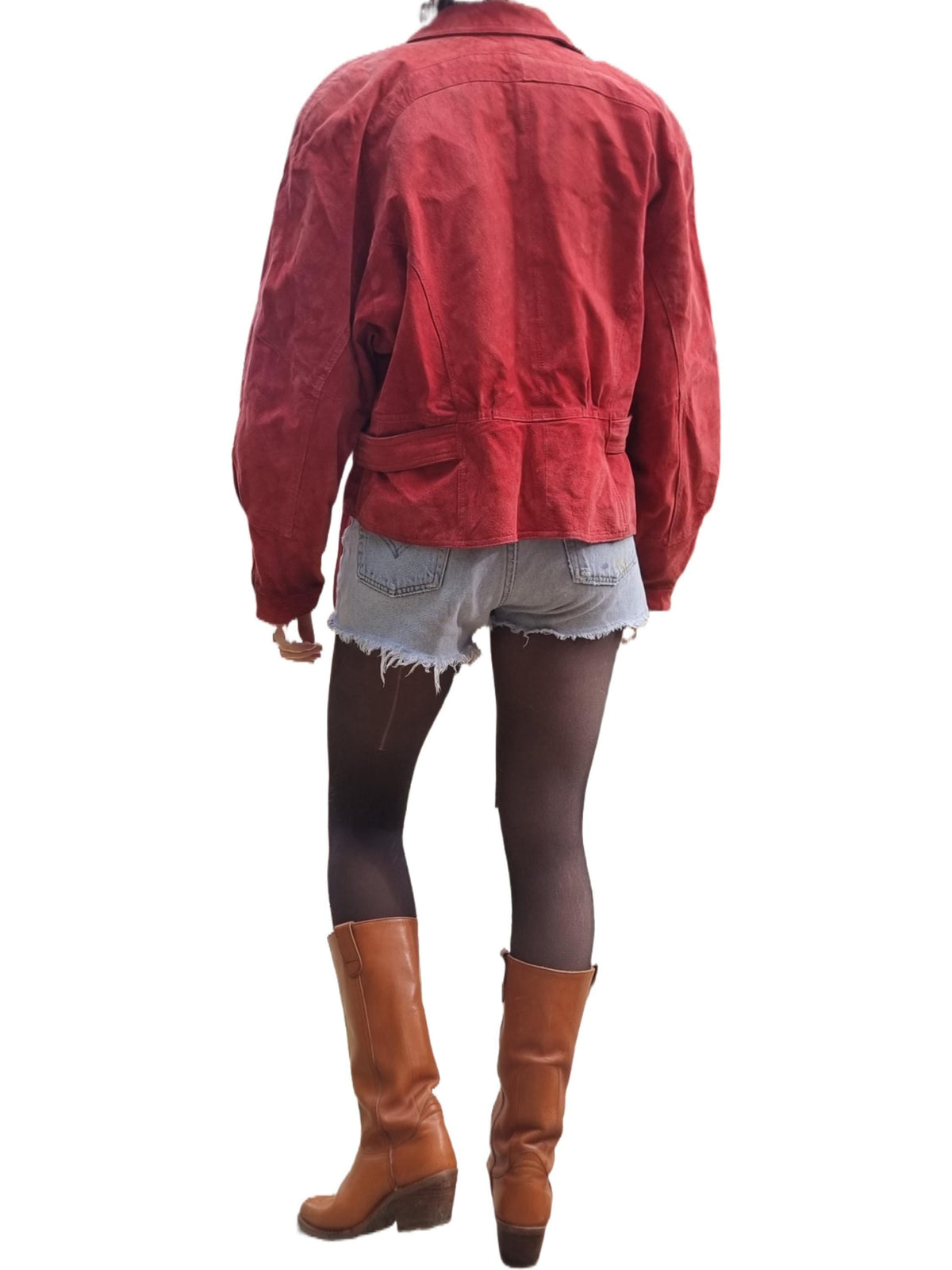 Red Suede Bomber Jacket: 1980s Batwing Sleeve Leather Biker Coat