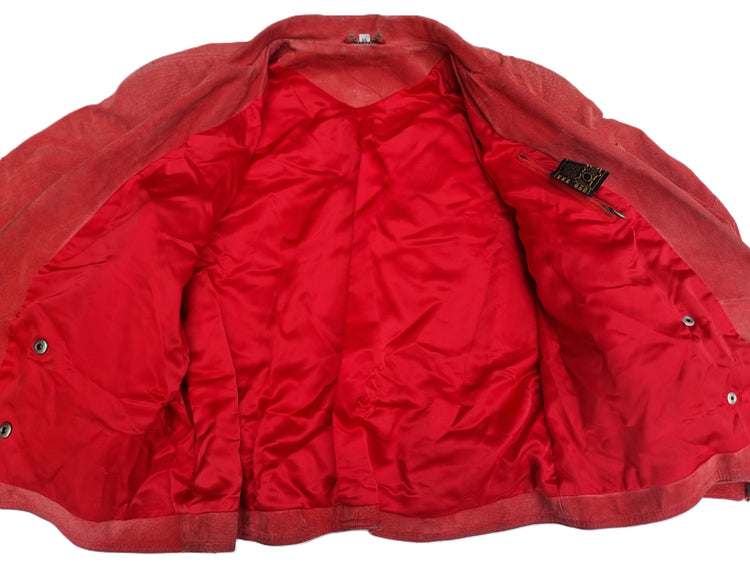 Red Suede Bomber Jacket: 1980s Batwing Sleeve Leather Biker Coat