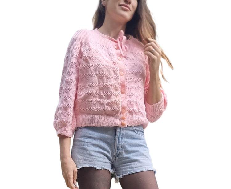 Hand-Knit Pink Babydoll Cardigan: 1950s Granny Y2K Sweater