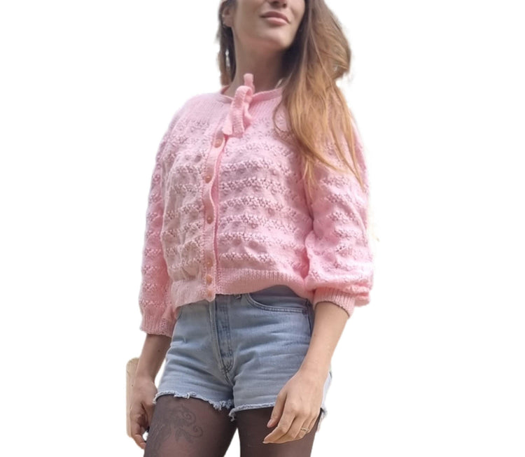 Hand-Knit Pink Babydoll Cardigan: 1950s Granny Y2K Sweater