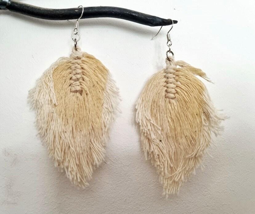Boho macrame earrings, feather drop earrings, large botanical leaf, cotton summer accessories
