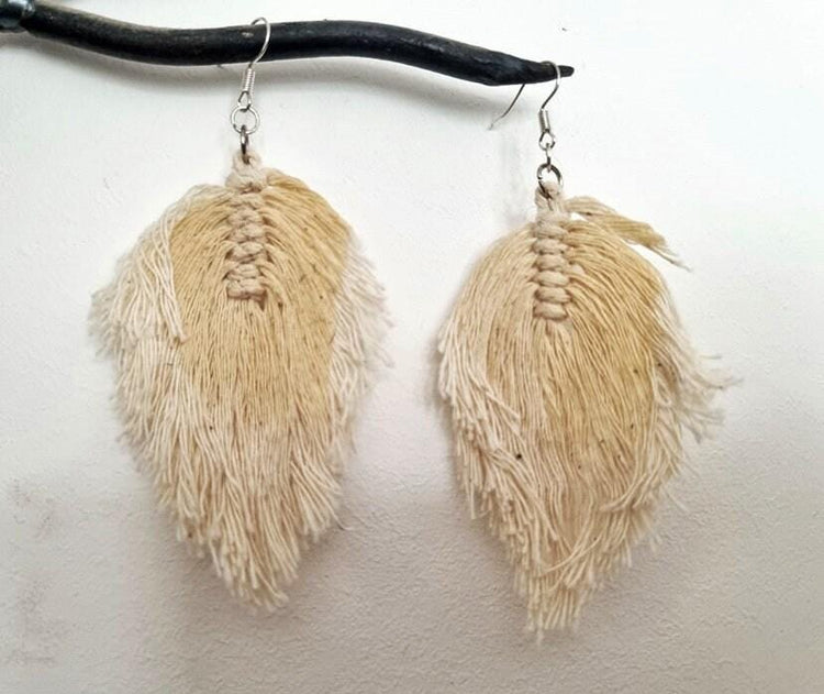 Boho macrame earrings, feather drop earrings, large botanical leaf, cotton summer accessories