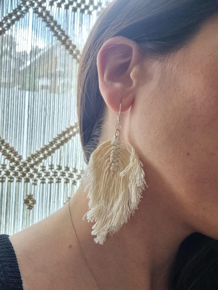 Boho macrame earrings, feather drop earrings, large botanical leaf, cotton summer accessories