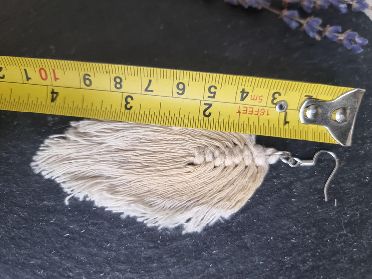 Boho macrame earrings, feather drop earrings, large botanical leaf, cotton summer accessories