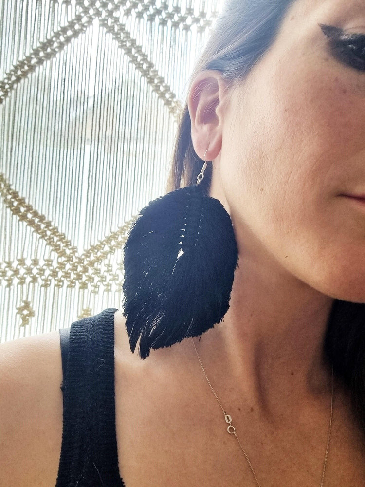 Hippie feather earrings, boho drop earrings macrame, large botanical leaf, summer festival accessories
