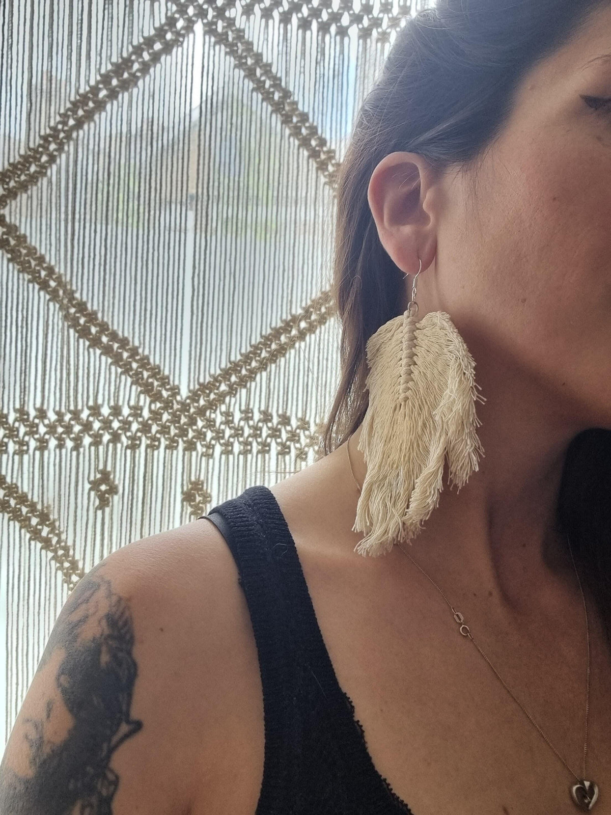 Hippie feather earrings, boho drop earrings macrame, large botanical leaf, summer festival accessories