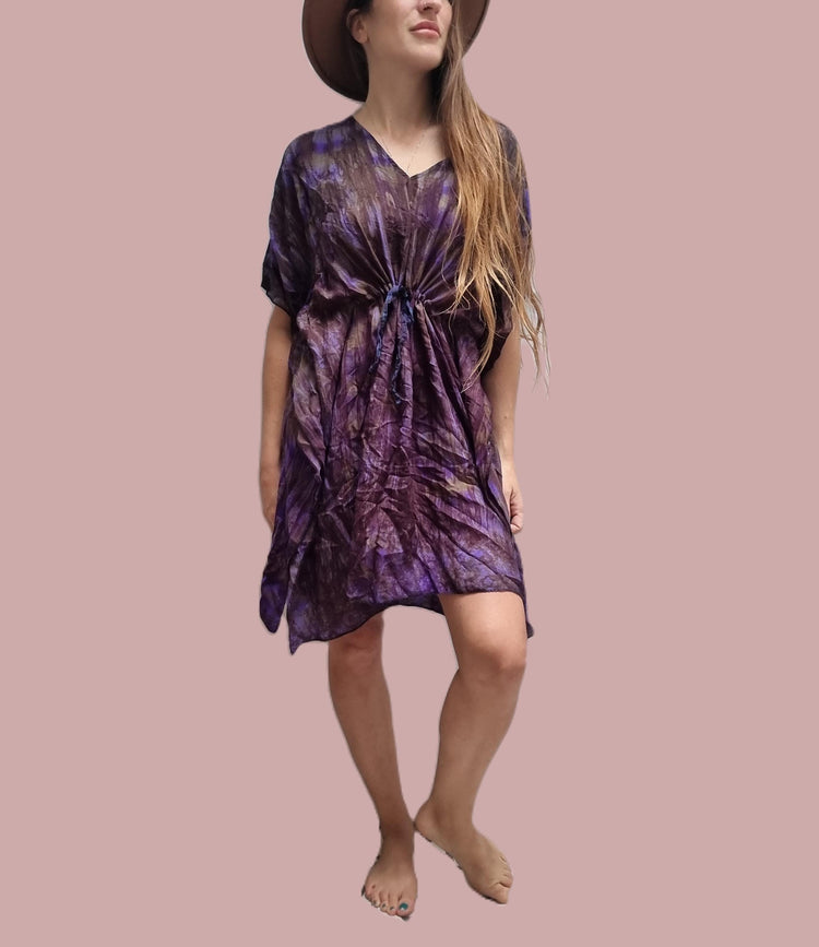 Tie Dye Silk Kaftan Dress: Boho Beach Cover-Up, Adjustable Fit