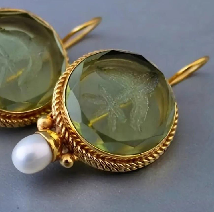 Art Deco Intaglio Earrings: Green Crystal, Faux Pearl, Brass Dangles