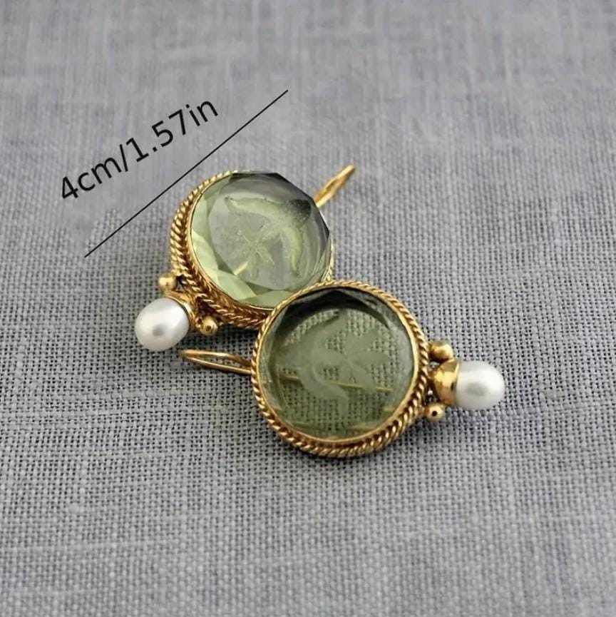 Art Deco Intaglio Earrings: Green Crystal, Faux Pearl, Brass Dangles