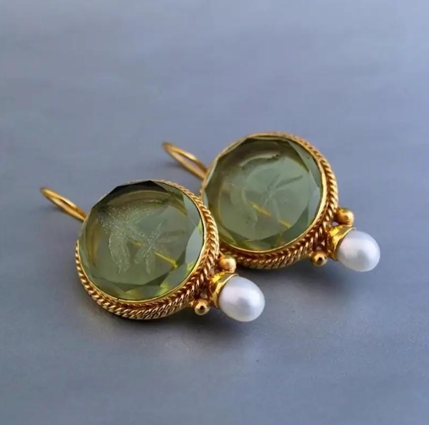 Art Deco Intaglio Earrings: Green Crystal, Faux Pearl, Brass Dangles