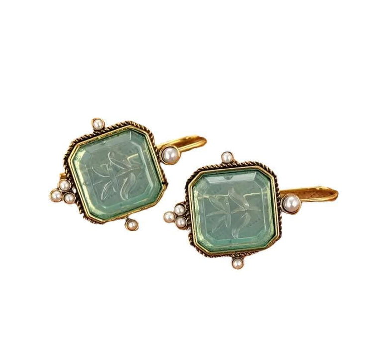 Intaglio Crystal Drop Earrings: Vintage Pearl, Brass, Art Deco