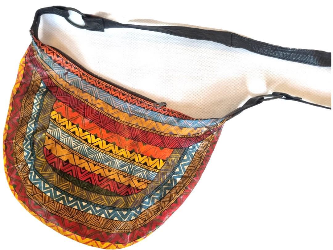 Hand-Painted Leather Shoulder Bag: African Tribal Art, Boho Saddle Bag