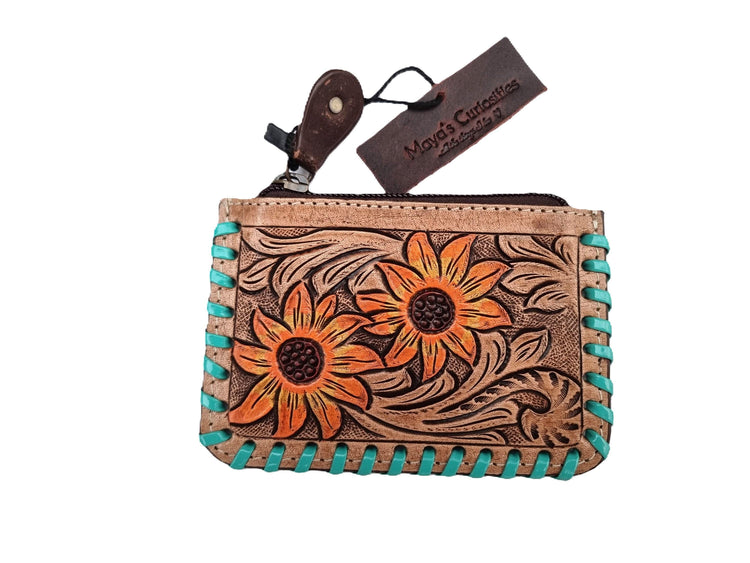 Hand Tooled Leather Mini Wallet: Sunflower or Blossom Design