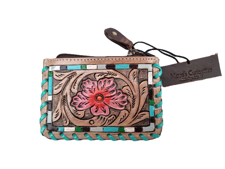 Hand Tooled Leather Mini Wallet: Sunflower or Blossom Design