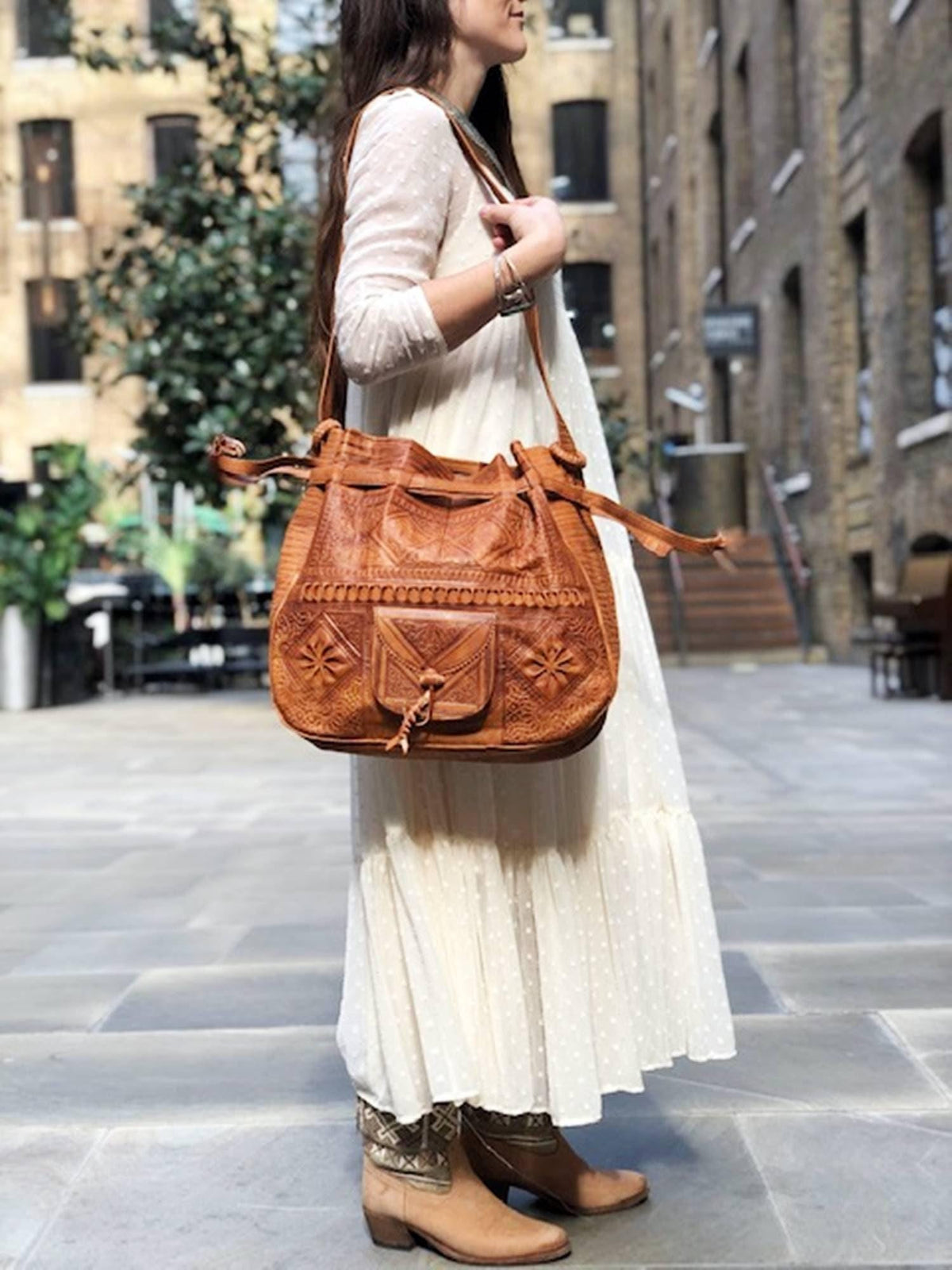 Handmade Leather Tote Bag: Large Boho Bucket Bag, Vintage Style