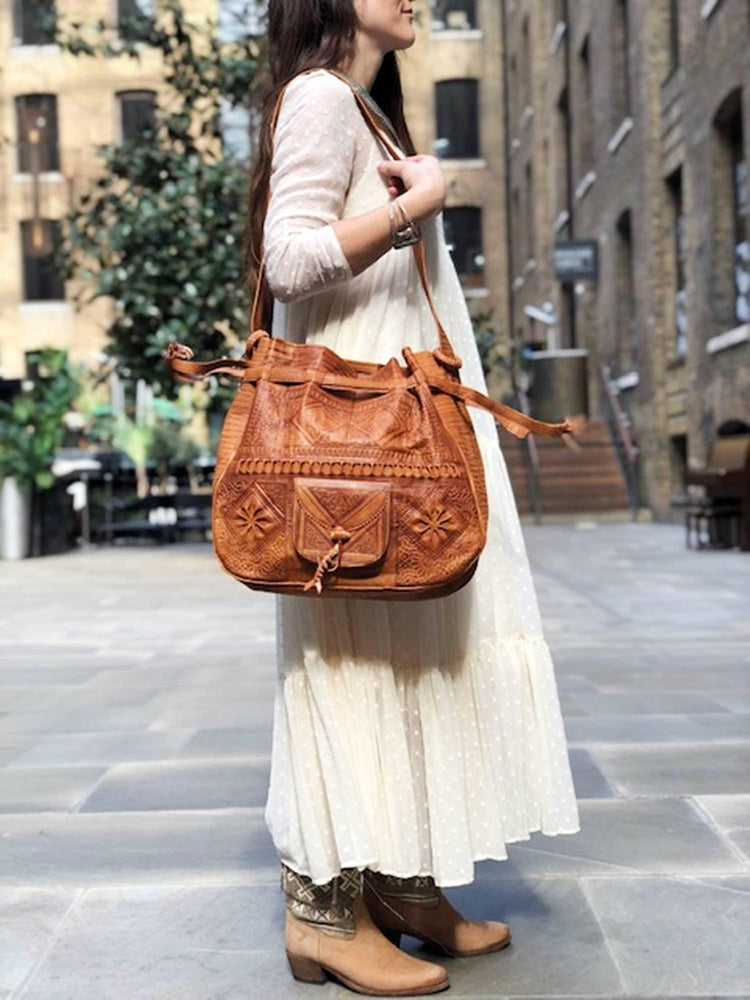 Handmade Leather Tote Bag: Large Boho Bucket Bag, Vintage Style