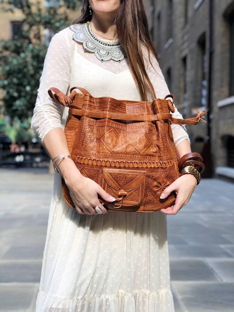 Extra Large Tooled Leather Shoulder Bag: Moroccan Boho Purse