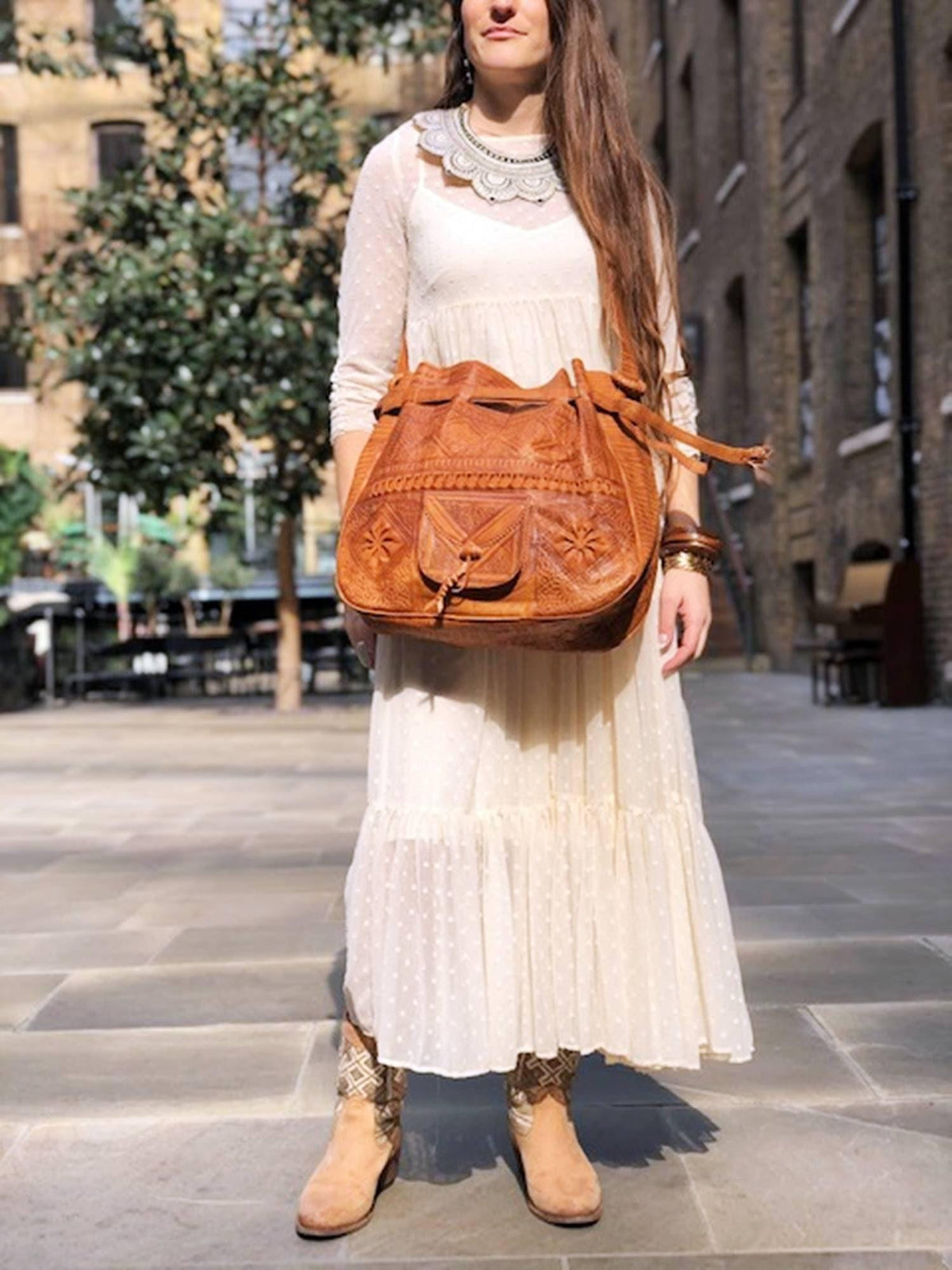 Extra Large Tooled Leather Shoulder Bag: Moroccan Boho Purse