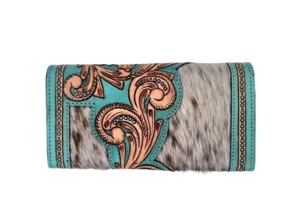 Hand Tooled Turquoise Leather Wallet: Floral Carved Cowhide Clutch