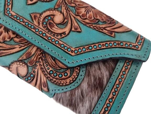 Hand Tooled Turquoise Leather Wallet: Floral Carved Cowhide Clutch