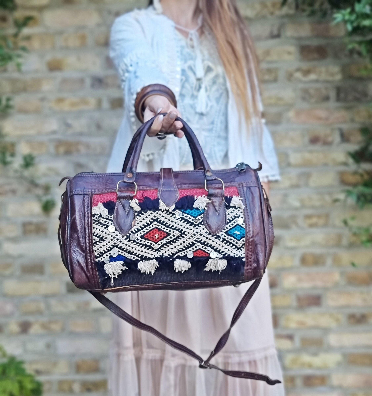 Vintage Moroccan Kilim Bag, Small Leather Weekender, Boho Travel Duffle, Hippie Overnight Bag, Carpet Travel Bag, Festival Bag