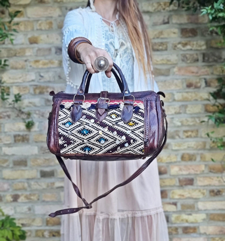 Vintage Moroccan Kilim Bag, Small Leather Weekender, Boho Travel Duffle, Hippie Overnight Bag, Carpet Travel Bag, Festival Bag
