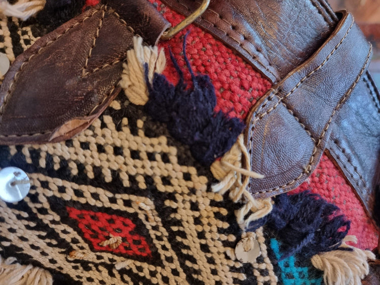 Vintage Moroccan Kilim Bag, Small Leather Weekender, Boho Travel Duffle, Hippie Overnight Bag, Carpet Travel Bag, Festival Bag