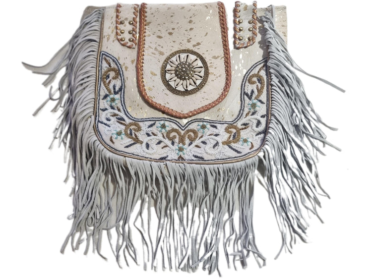 Beaded Cowhide Fringe Tote: Boho Leather Shoulder Bag